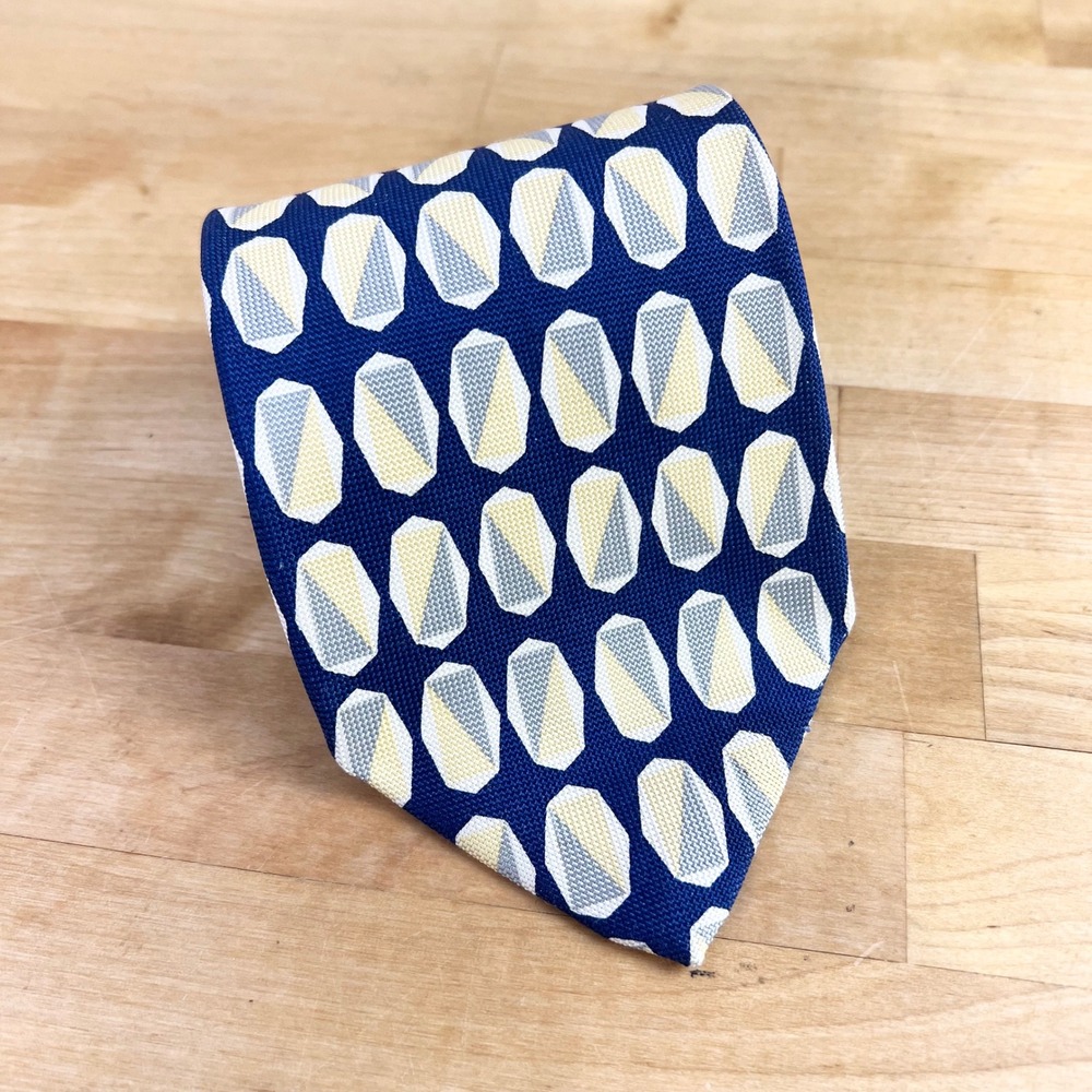 Hickey Freeman Necktie Geometric Italian Silk Tie Blue Yellow Silver USA